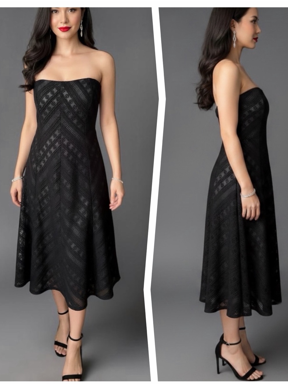 ANN TAYLOR Strapless Black Lace Overlay Midi Dress